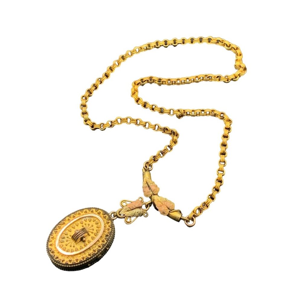 Antique Victorian Locket Necklace Ornate Design with Leaves and Front Clasp